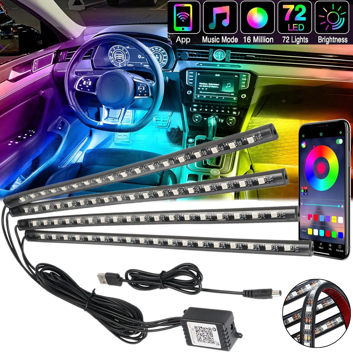 Car Interior Neon Light Usb - 4 tiras de luces LED RGB