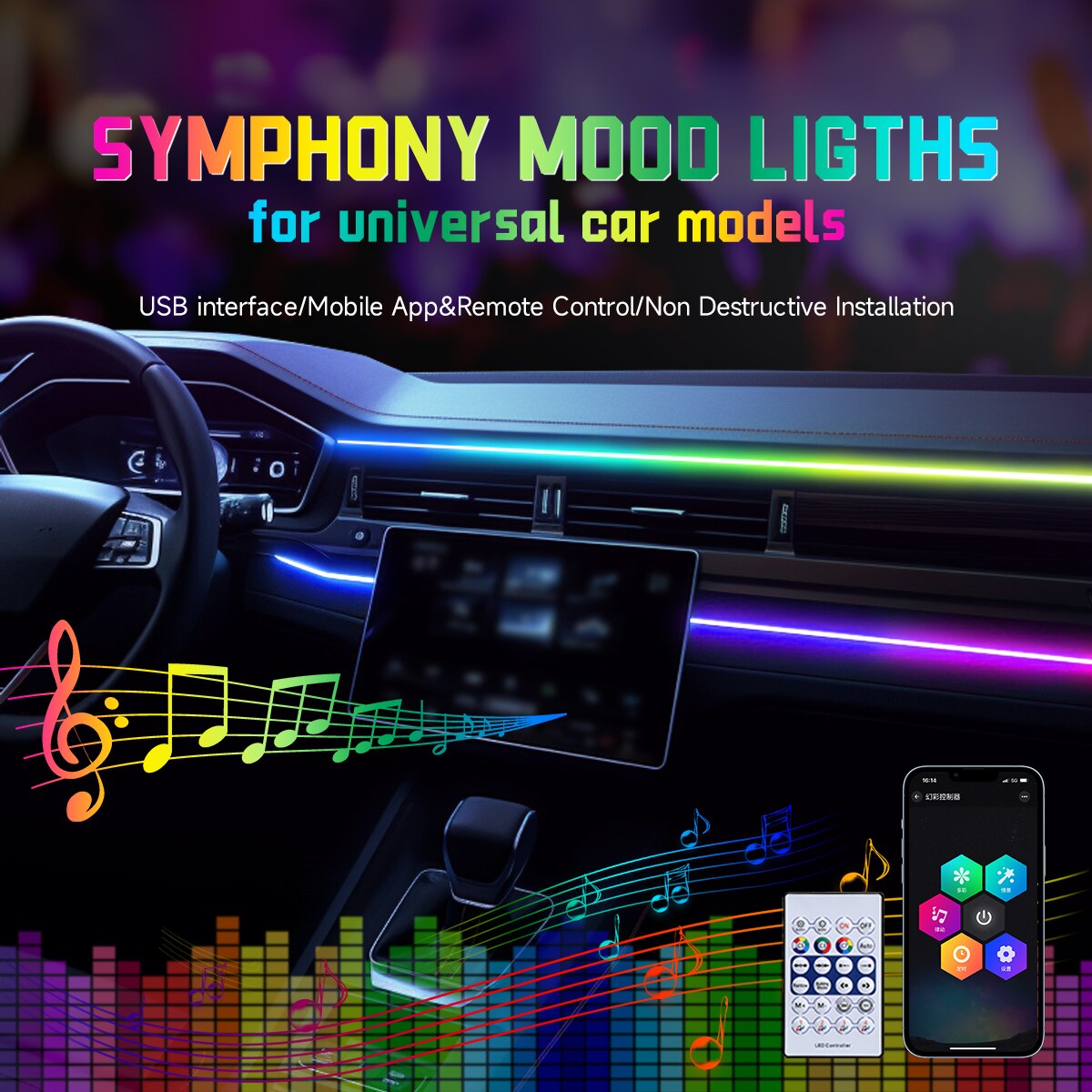 Tiras LED Acrílicas de 64 Colo - Car Interior Led Strip App Control reseña y precio